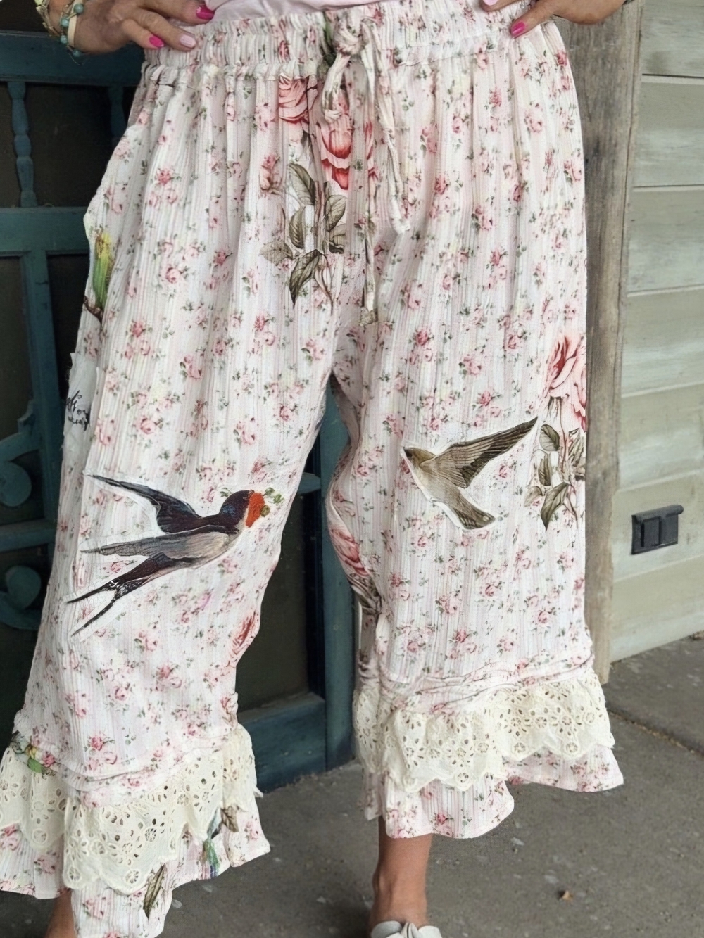 Floral Bird Print Elastic Waist Ruffle Hem Bottoms - Cream Xl New Without Tags - Picture 10 of 12